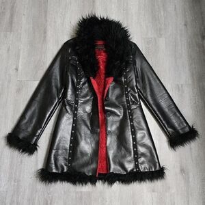 Vintage Y2K Tripp NYC Black Leather Faux Fur Coat Jacket Red Lining Gothic